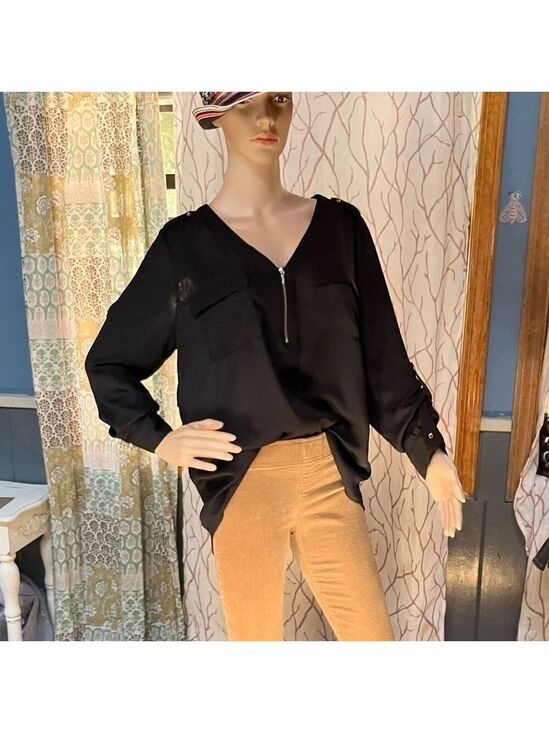 Candie's Tops - NEW Candies black silk blouse size med-3/4 gold zip front, delicate lace detail
